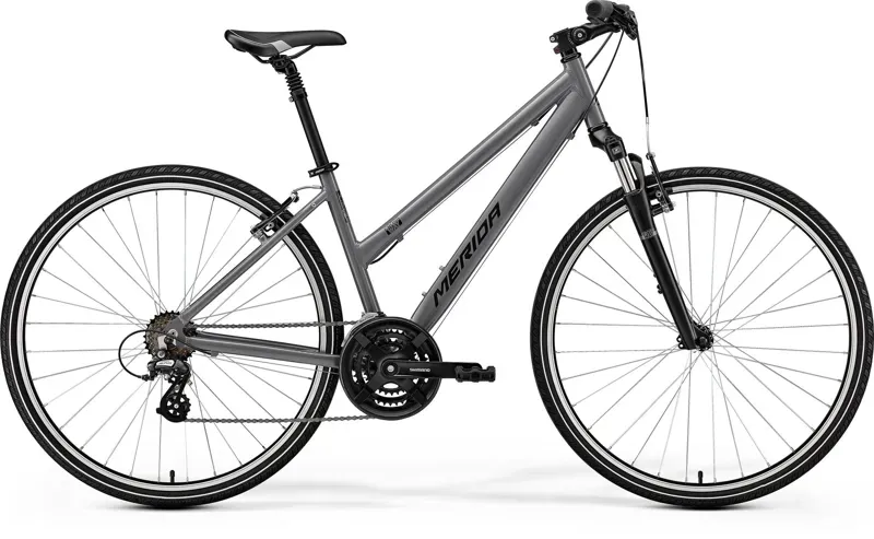 Merida Crossway 10-V Women's Hybrid Bike in Silk Warm Slate Grey/Black
